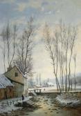 de BISEAU DE HAUTEVILLE Aristide 1844-1883,Figure by a frozen river with cottages in a w,Rosebery's 2008-03-11