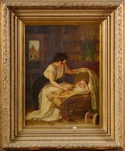 DE BLOCK Eugene Francois 1812-1893,Jeune maman jouant avec son bébé,VanDerKindere BE 2014-03-18
