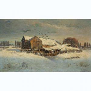 DE BLOIS Francois B 1829-1913,FARM IN SNOW, ORLÉANS,1900,Waddington's CA 2020-10-22