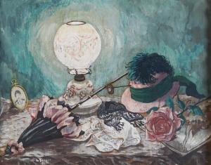 DE BOURGOS Ralph 1906-1979,STILL LIFE WITH HAT PARASOL AND ROSE,1950,Potomack US 2019-06-15