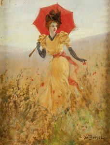 de BRÉVAL Henri 1800-1900,Jeune femme à l'ombrelle rouge,Mercier & Cie FR 2012-11-25