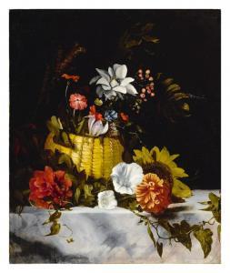de BRAY Dirck 1640-1690,STILL LIFE OF A BASKET OF FLOWERS ON A LARGE MARBL,1665,Sotheby's 2020-06-11