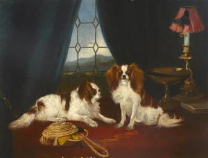 de bree anthony 1855-1921,Two King Charles spaniels on a sewing table,Bonhams GB 2015-03-31