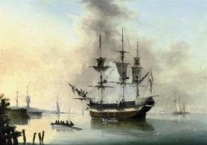 DE BRIEST D 1820,A Dutch trading vessel and other small craft in a ,1820,Christie's GB 2010-05-27