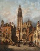 de CAUWER Emile Pierre J. 1828-1873,Animated Antwerp city view with the cathedral an,1864,Bernaerts 2016-12-13