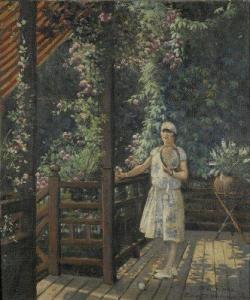 DE CHAMPEAUX Edouard 1900-1900,Femme à la raquette de tennis sur un balcon fle,1927,Kahn & Associes 2010-12-12