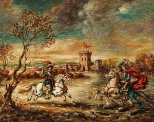 DE CHIRICO Giorgio,Combattimento di cavalieri nel paesaggio con caste,1950,Bonhams 2024-04-18