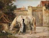 DE CHONSKI MYRIEM 1880,Boerin met paard bij de drinkplaats op het erf,1880,Bernaerts BE 2012-03-26