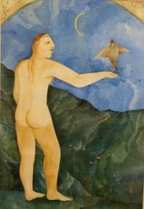 DE CLEREQ Hannetjie 1958,Woman with bird, gold moon,1993,Ashbey's ZA 2009-12-10