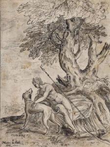 de COCK Maerten 1578-1661,Diana resting and stroking a dog, a tree behind,1621,Christie's 2015-05-13