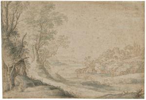 de COCK Maerten 1578-1661,Paysage fluvial avec un ermite en prière et une bâ,Christie's 2022-05-18