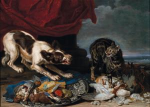 de CONINCK David Romelaer 1636-1687,A dog growling at a cat over game,Palais Dorotheum AT 2022-05-11