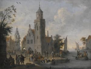 De FERG Franz Paula,A TOWNSCAPE WITH A CLOCK TOWER, WITH FIGURES ON TH,Sotheby's 2016-07-07