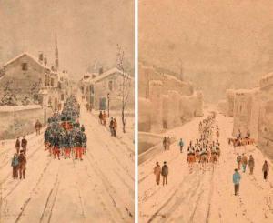 DE GAILLARD H.LAFARGE 1800-1900,Procession of Soldiers through a French Town durin,Keys 2010-07-09