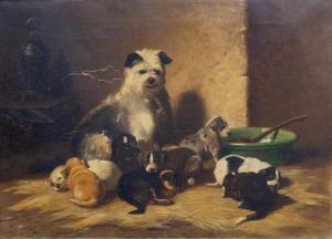 De GEMPT Bernhard 1826-1879,Een nest jonge puppies bij de voederbak,Venduehuis NL 2024-02-28