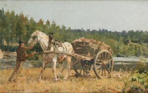 de GREEF Jean Baptiste 1852-1894,Chariot attelé au bord de l\’étang,Horta BE 2019-05-27