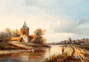 de HAAN Dirk 1832-1886,Dutch river landscape with fisherman and washerwo,AAG - Art & Antiques Group 2018-11-26