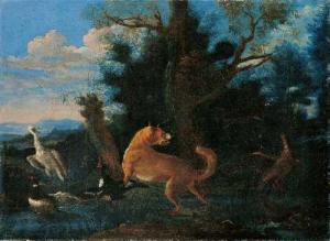 De HAMILTON Franz 1623-1712,LANDSCHAFT MIT EINEM FUCHS UND WASSERVÖGELN,Lempertz DE 2008-05-17