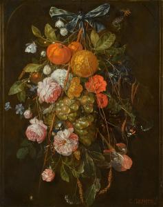 de HEEM Cornelis 1631-1695,A festoon of roses, carnations, morning glory, an ,Sotheby's 2023-12-07