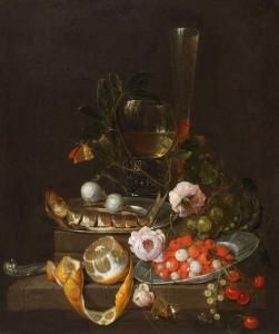 de HEEM David Cornelisz,Still life with herring, fruits and roses.,Galerie Koller 2019-03-29