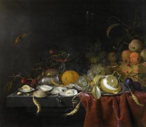de HEEM JanJansz. II,Still life with fruits and oysters on a table.,Galerie Koller 2011-03-28
