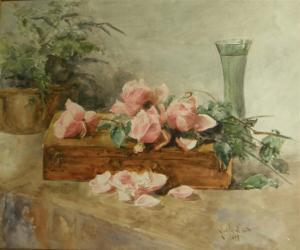 DE HICOT Mathilde,Still-life of roses with a vase and case,1899,Ewbank Auctions GB 2008-08-21