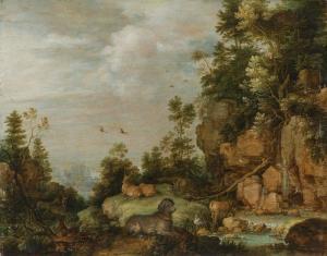 de HONDECOETER Gillis Claesz 1570-1638,LANDSCAPE WITH DOG AND WILD ANIM,1628,im Kinsky Auktionshaus 2023-06-20