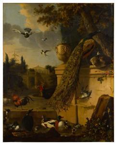 de HONDECOETER Melchior,A peacock and a peahen on a stone parapet in a gar,1677,Sotheby's 2023-01-26