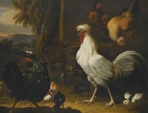 de HONDECOETER Melchior 1636-1695,CHICKENS AND THEIR YOUNG IN A PARK LANDSCAPE,Sotheby's 2015-04-28