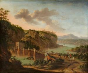 DE HOOCH Horatius 1652-1686,Southern Landscape with Hunters by a Bridge,Lempertz DE 2020-05-30