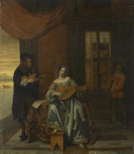 de HOOCH Pieter 1629-1684,An interior scene with a woman playing a lute and ,Christie's 2023-05-24