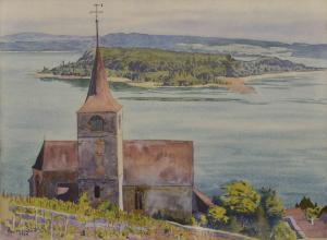 DE HORNSTEIN F,Lac de Neuchâtel avec l'île Rousseau,1934,Dogny Auction CH 2014-03-18