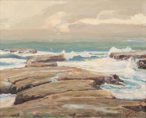 DE JOINER Luther Evans,Crashing waves along a rocky shore,John Moran Auctioneers 2017-01-24