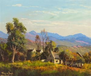 DE JONG Tinus 1885-1942,Cottages with Distant Mountains,Strauss Co. ZA 2024-04-15