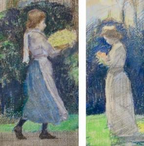de JONGE Johan Antonie 1864-1927,Bloemenmeisje beide kleurkrijttekening,Venduehuis NL 2020-11-02