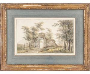 de KLERK Willem 1800-1876,a guard by a gate in a wooded landscape,Wiederseim US 2023-12-20