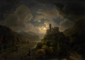 de KLERK Willem 1800-1876,A moonlit Rhine landscape with a ruin on a hill,Venduehuis NL 2023-05-25