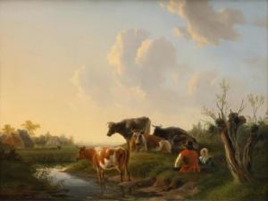 de KLERK Willem 1800-1876,Herders en koeien langs een stroom,Venduehuis NL 2022-10-11
