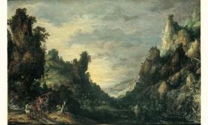 de KONINCK David 1636-1660,paysage de montagne avec une carriole de voyageurs,Tajan FR 2003-03-26
