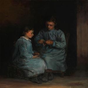 de LA BARTHE Guérard, Gérard,Two knitting girls in blue dresses,1780,Bruun Rasmussen 2012-10-08
