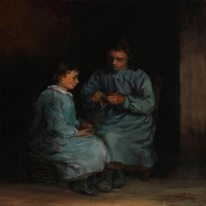 de LA BARTHE Guérard, Gérard,Two knitting girls in blue dresses,1780,Bruun Rasmussen 2012-09-10