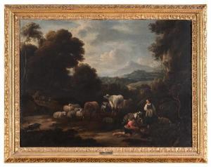 de la COURT Martinus 1640-1710,PAESAGGIO CON PASTORI, GREGGE, ARMENTI E VIANDANTE,Babuino 2021-07-06