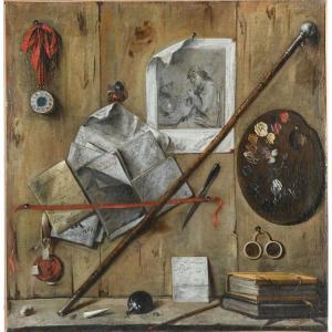 de LA MOTTE Jean François 1635-1685,Trompe l\’œil aux instruments de peintre,Herbette FR 2019-11-17