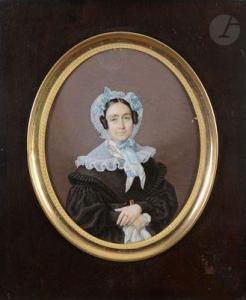 de LABROUE Alphonse,Portrait de femme à mi-corps en robe noire, fichu ,1837,Ader 2022-03-22