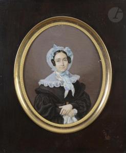de LABROUE Alphonse,Portrait de femme à mi-corps en robe noire, fichu ,1837,Ader 2021-10-21