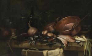 DE LAMEILLIERE L 1800,Still Life Seafood and Fruit with Coppers,1885,Mossgreen AU 2017-02-05