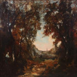 DE LAUNAY V,Forest scene with a view towards a city,Bruun Rasmussen DK 2013-09-30