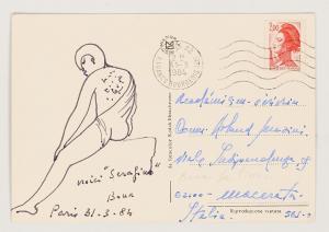 de MANDIARGUES Bona,Cartolina con disegno autografo: "Serafino",1984,Aste Bolaffi 2023-11-07