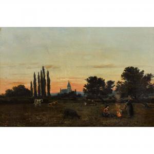de MEURON Albert,Landschaft im Abendrot mit Bäuerinnen am Lagerfeue,1877,Dobiaschofsky 2017-05-10
