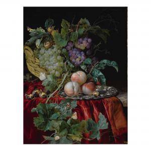 de meyer Hendrik 1637-1683,Still life with grapes in a basket, peaches on a s,Sotheby's 2021-01-28
